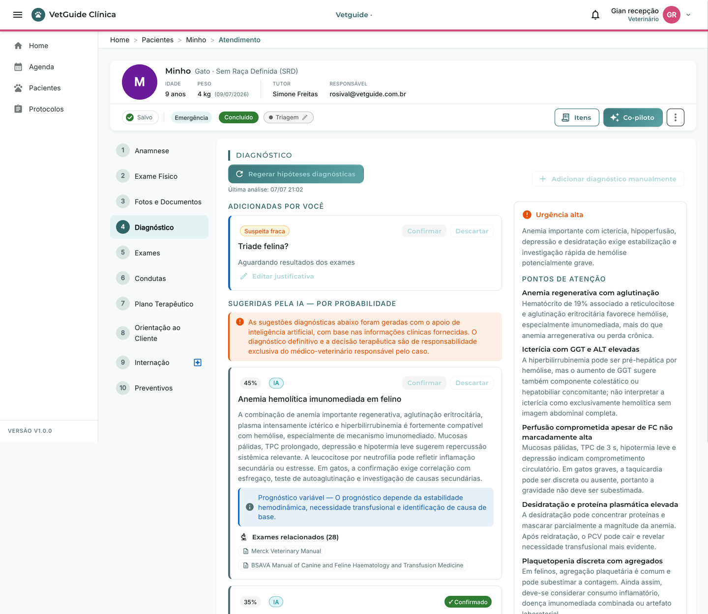 Hipóteses diagnósticas da IA em ordem de probabilidade, cada uma com a fonte citada